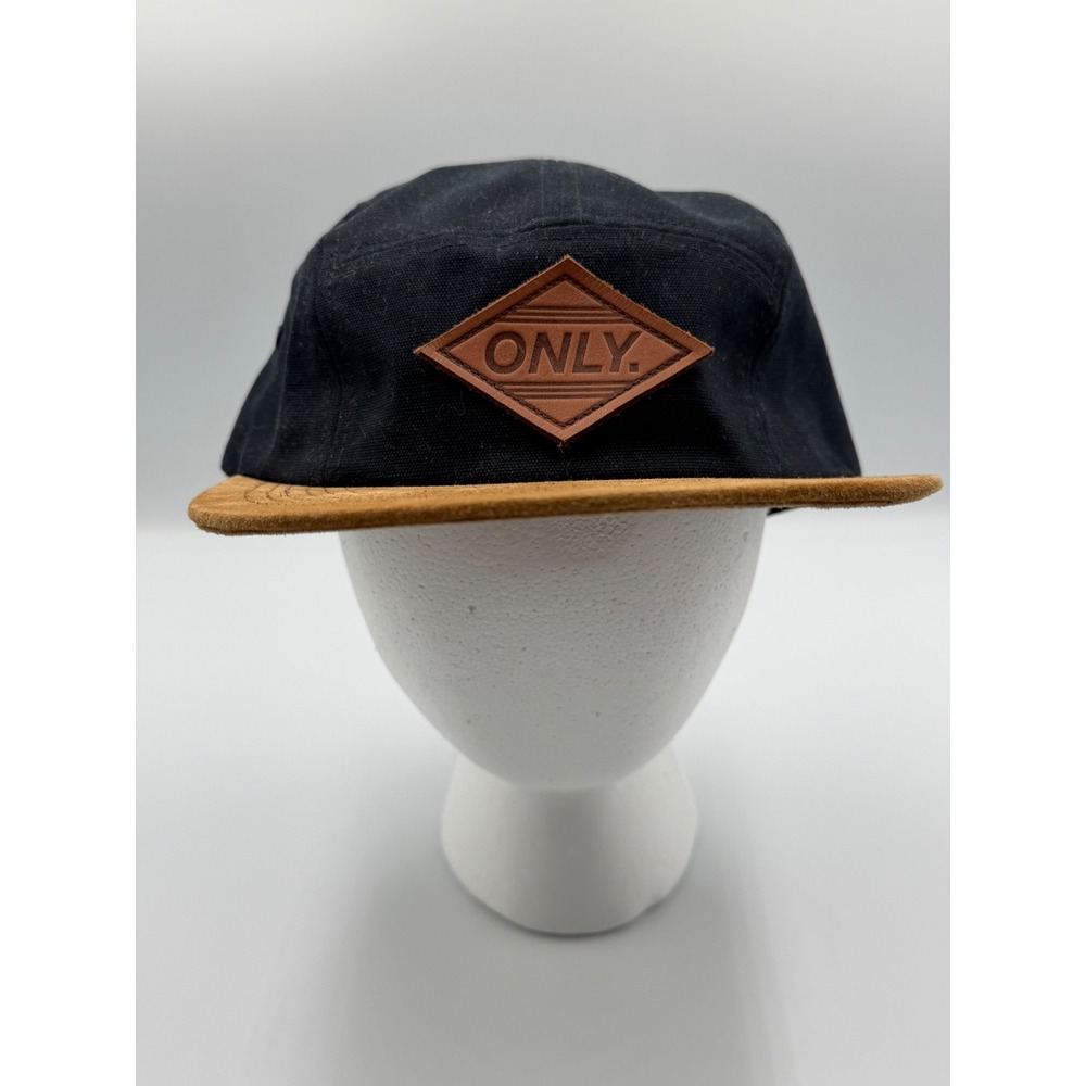 Only NY 5 Panel‎ Hat Black Canvas Tan Suede Brim Leather Patch Made in USA NWOT